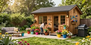 Gartenhaus mit bunten Blumen und entspanntem Gartenbereich für optimale Erholung