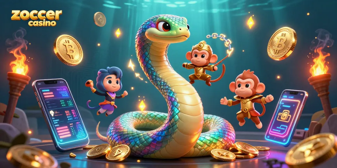 Experience the thrill of zoccer casino with a vibrant 3D illustration of a rainbow serpent and monkey king.