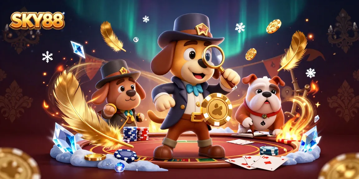 Engage with SKY88 poker excitement featuring a detective and his bulldog companion amidst vibrant casino elements.