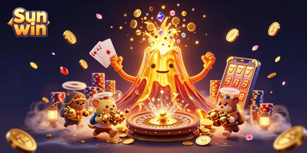 Experience the thrill of Sun win as golden coins erupt from a volcano amidst vibrant casino elements.