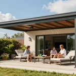 Attraktive freistehende Terrassenüberdachung mit Familie im Garten genießen.