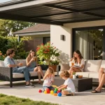 Moderne Terrassenüberdachung bietet Schutz für Familie und entspanntes Zusammensein im Garten.