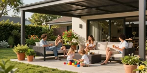 Moderne Terrassenüberdachung bietet Schutz für Familie und entspanntes Zusammensein im Garten.