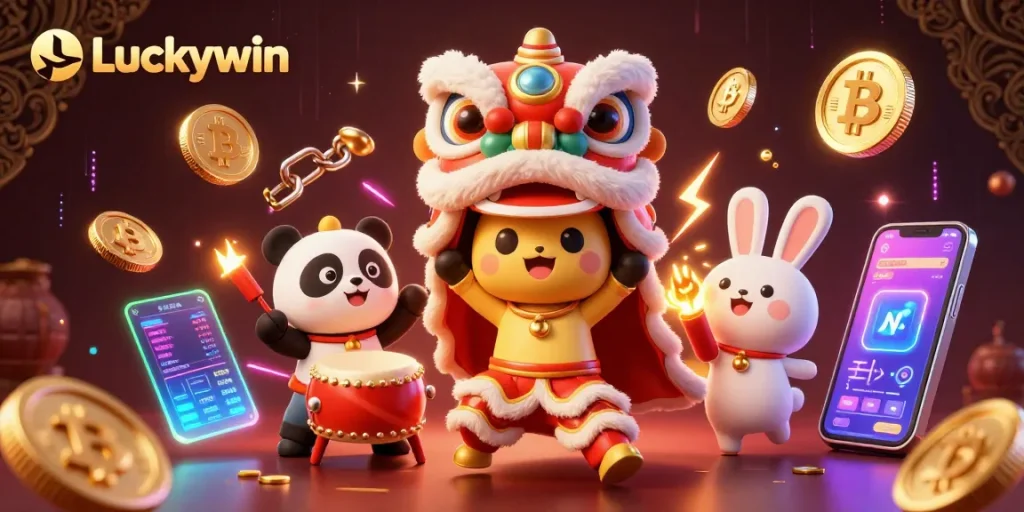 Engage with Luckywin's vibrant gaming space featuring festive characters and dynamic cryptocurrency elements.