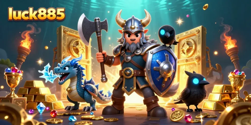 Engage in thrilling gaming adventures at luck885 with the Viking wolf warrior and fierce dragon.
