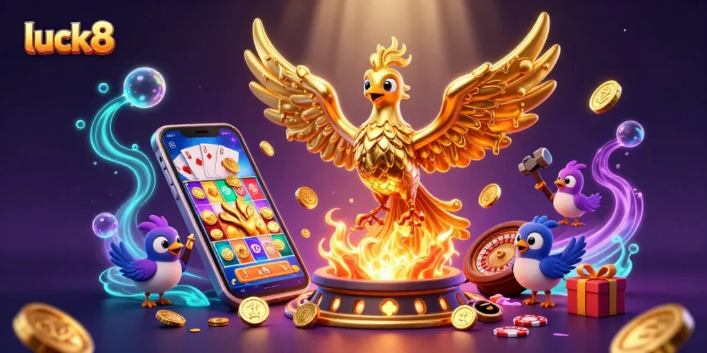 Experience gaming excitement with luck8's vibrant casino scene featuring rich digital elements.