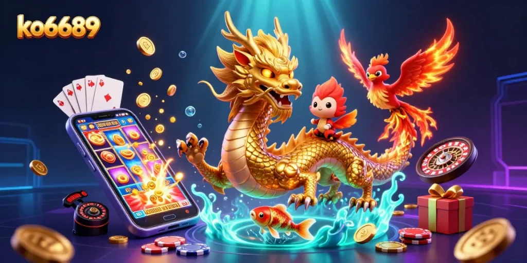 Engage with ko6689 through a vibrant 3D casino scene featuring a dragon and phoenix amidst excitement.