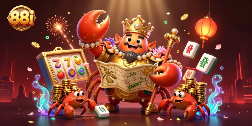 Engage with the vibrant 88i casino experience featuring a golden crab emperor amidst dynamic slot reels and festive decorations.
