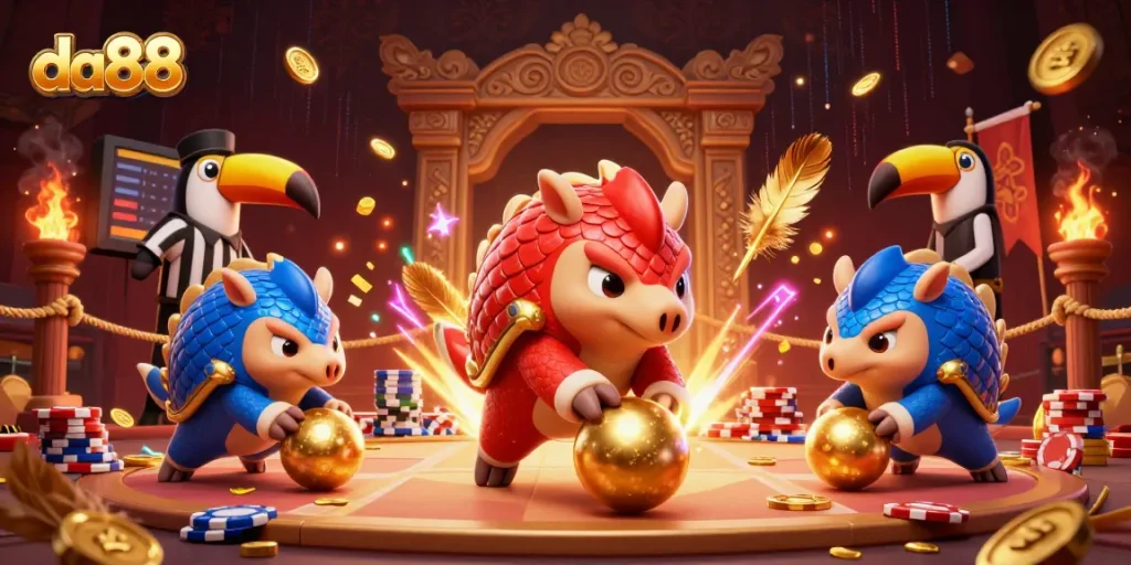 Experience the thrill with da88 as pangolins roll into golden balls amid poker chips.