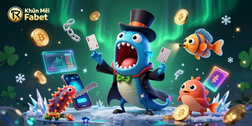 Engaging illustration of Khuyến Mãi Fabet showcasing unique crypto-themed magic performances with lively sea creatures.