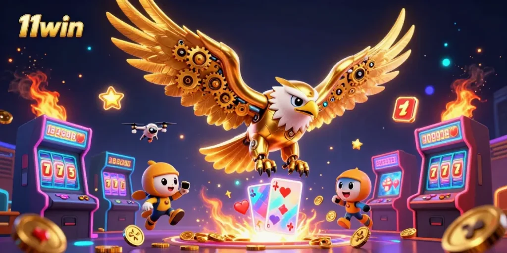 Play exciting games at 11win with a golden eagle and vibrant casino elements.