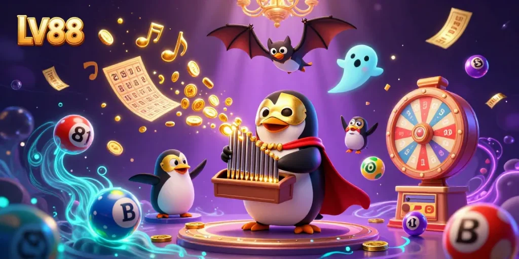 Experience the vibrant world of LV88 as the penguin plays to shoot golden coins amidst games and prizes.