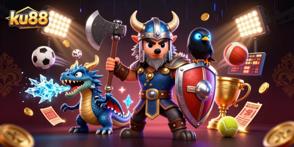 Join the fun at ku88 with this epic casino illustration featuring a Viking warrior, dragon, and sports elements.