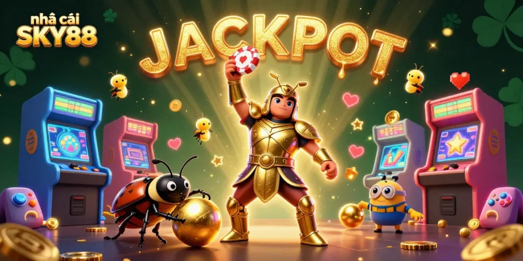 Experience the excitement of nhà cái SKY88 with dynamic casino-themed 3D illustration featuring playful characters.