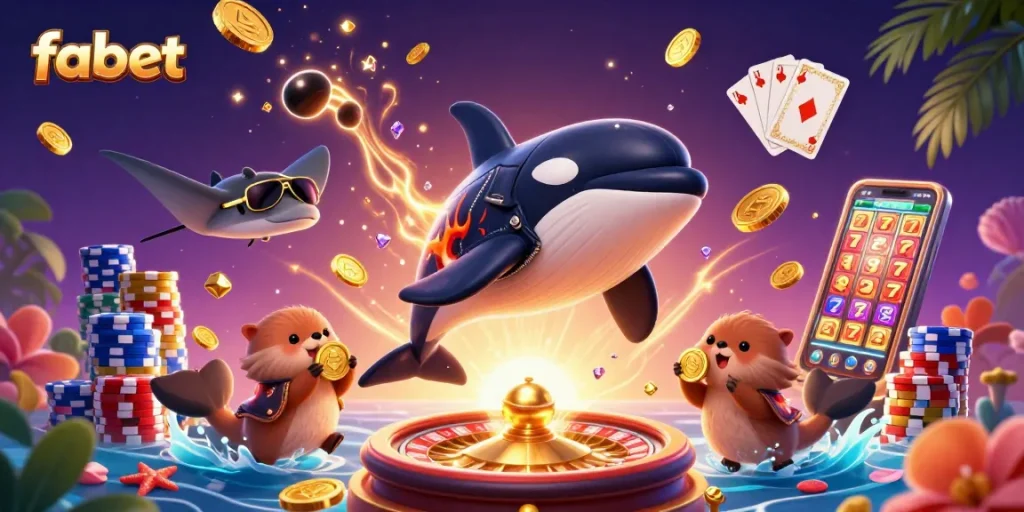 Experience fabet's thrilling casino world with a lively orca whale and sea otters winning big!
