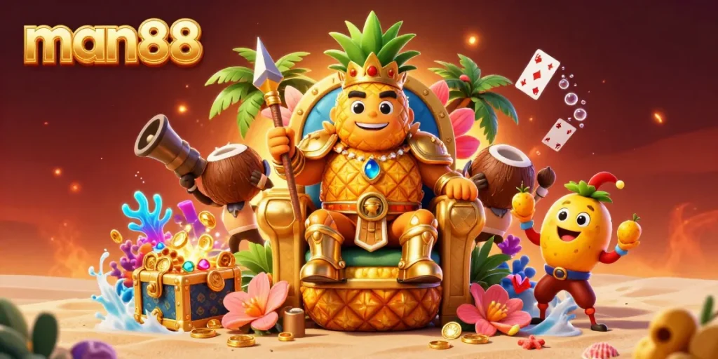 Experience the thrilling world of man88 with a dynamic 3D casino illustration featuring tropical characters and vibrant game elements.