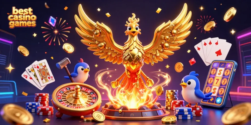 Engage with the best casino games featuring a molten golden phoenix, vibrant coins, and gaming elements.