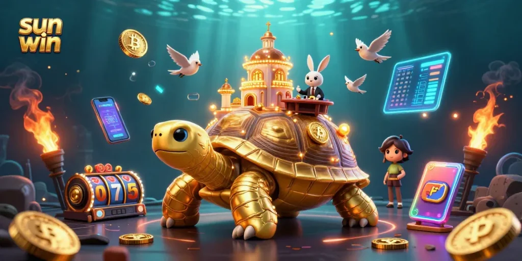 Experience the thrill of sun win with a golden tortoise casino scene featuring a dealer and vibrant crypto elements.
