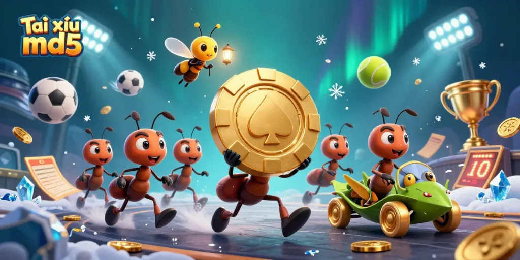 Tài xỉu md5 showcases a heist with ants, poker chips, and sports elements in dynamic action.
