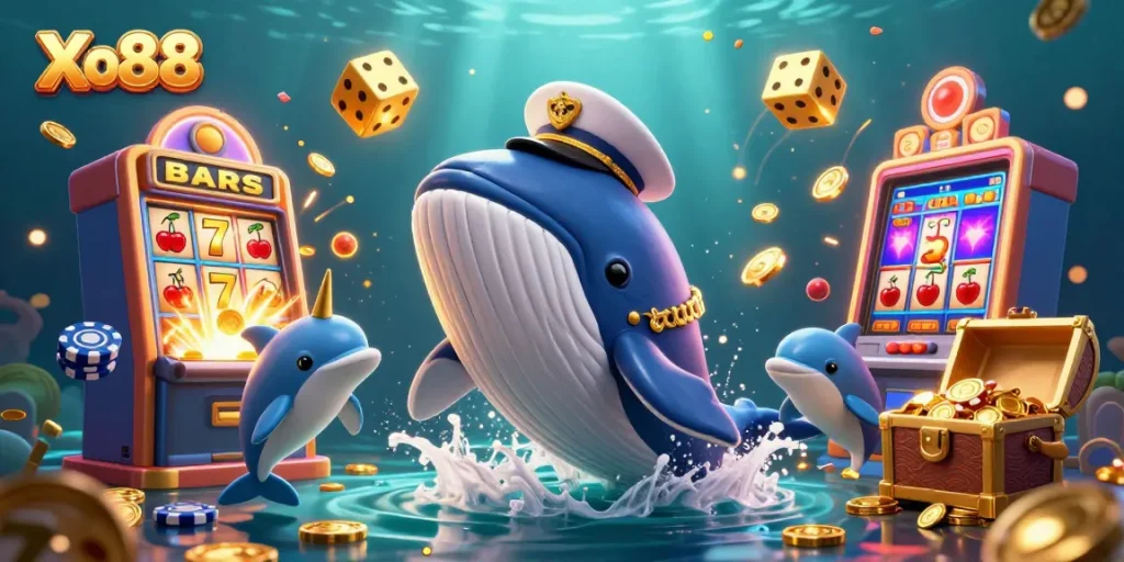 Xo88 featuring playful dolphins and a majestic whale in a vibrant casino scene overflowing with treasures.