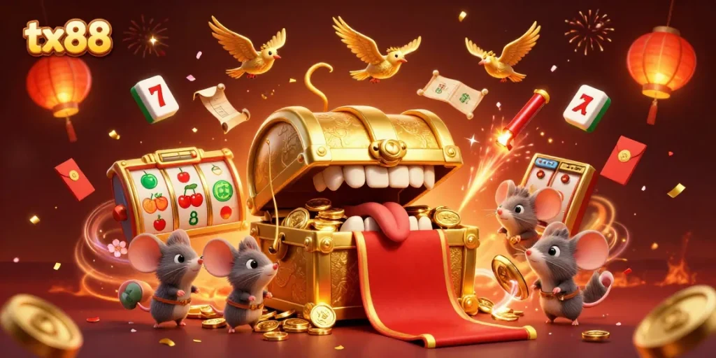 Join the excitement with tx88 as adventurer mice discover spinning slot reels and treasures.